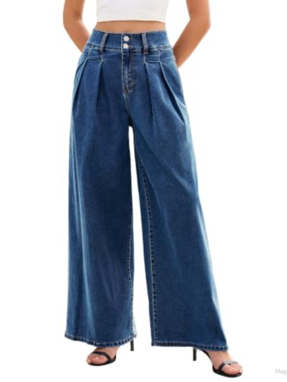 Women's Wide Leg Pleated Baggy Jeans Cotton Blend Stretch High Rise